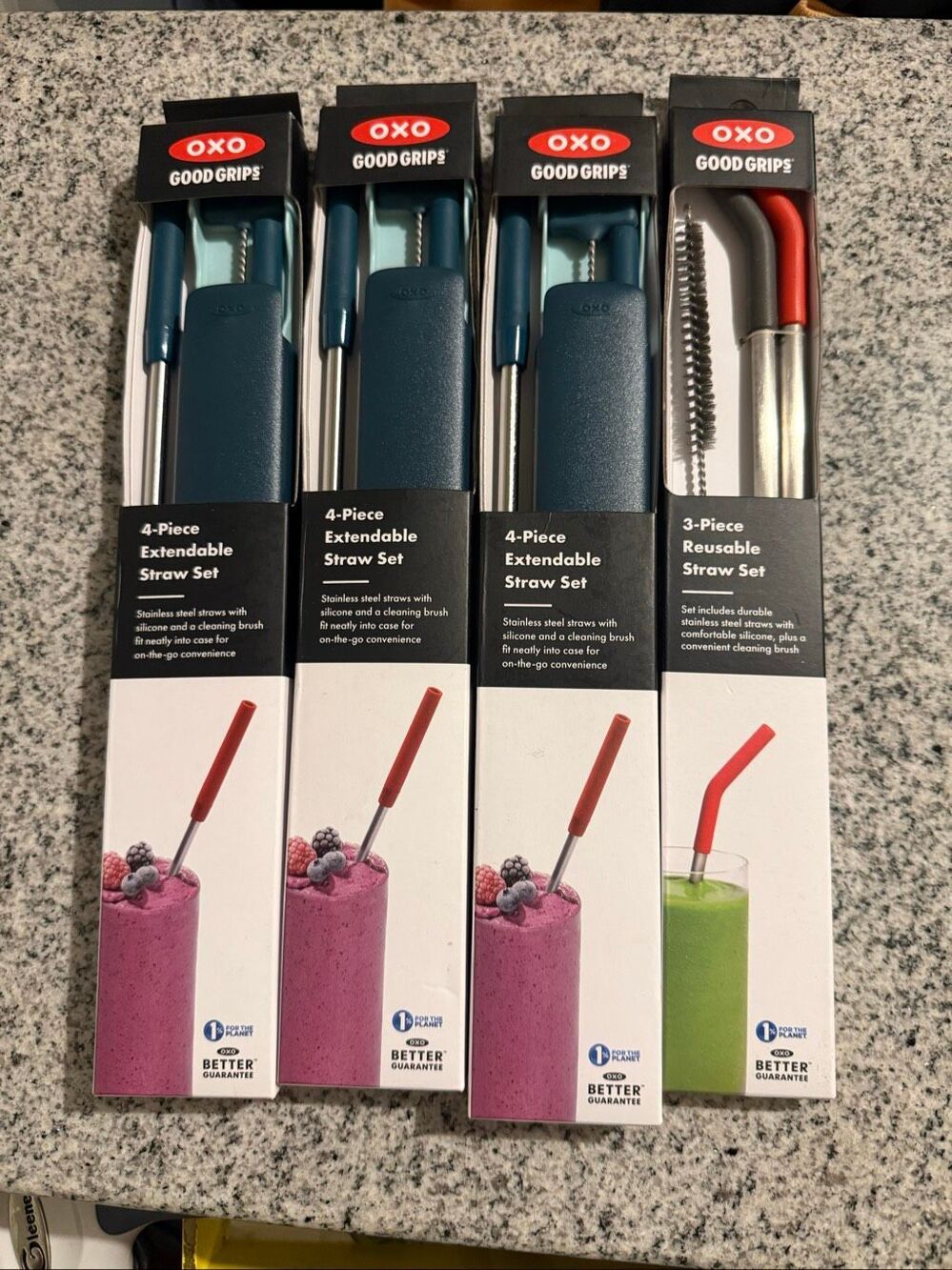 OXO Good Grips Reusable Stainless Steel Straw Sets Lot of 4 New Extendable Trave